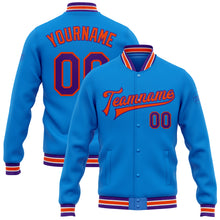 Load image into Gallery viewer, Custom Electric Blue Purple-Orange Bomber Full-Snap Varsity Letterman Jacket
