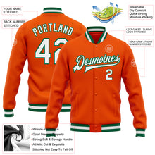 Загрузить изображение в средство просмотра галереи, Custom Orange White-Kelly Green Bomber Full-Snap Varsity Letterman Jacket
