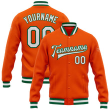 Загрузить изображение в средство просмотра галереи, Custom Orange White-Kelly Green Bomber Full-Snap Varsity Letterman Jacket
