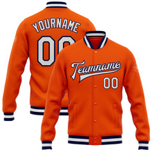 Charger l&#39;image dans la galerie, Custom Orange White-Navy Bomber Full-Snap Varsity Letterman Jacket
