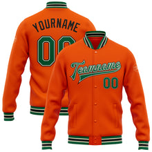 Load image into Gallery viewer, Custom Orange Kelly Green Cream-Black Bomber Full-Snap Varsity Letterman Jacket
