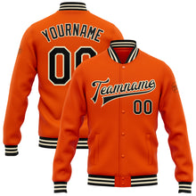 Загрузить изображение в средство просмотра галереи, Custom Orange Black-Cream Bomber Full-Snap Varsity Letterman Jacket
