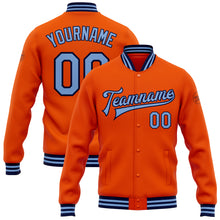 Load image into Gallery viewer, Custom Orange Light Blue-Navy Bomber Full-Snap Varsity Letterman Jacket
