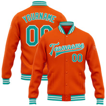 Charger l&#39;image dans la galerie, Custom Orange Aqua-White Bomber Full-Snap Varsity Letterman Jacket
