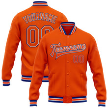 Laden Sie das Bild in den Galerie-Viewer, Custom Orange White-Royal Bomber Full-Snap Varsity Letterman Jacket
