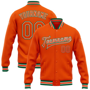 Custom Orange White-Kelly Green Bomber Full-Snap Varsity Letterman Jacket