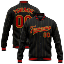 Загрузить изображение в средство просмотра галереи, Custom Black Old Gold Pinstripe Red Bomber Full-Snap Varsity Letterman Jacket
