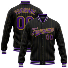 Загрузить изображение в средство просмотра галереи, Custom Black Old Gold Pinstripe Purple-White Bomber Full-Snap Varsity Letterman Jacket
