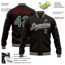 Загрузить изображение в средство просмотра галереи, Custom Black Red Pinstripe Kelly Green-White Bomber Full-Snap Varsity Letterman Jacket
