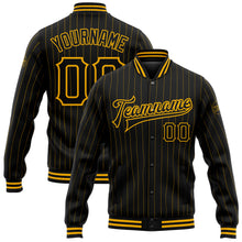 Charger l&#39;image dans la galerie, Custom Black Gold Pinstripe Gold Bomber Full-Snap Varsity Letterman Jacket
