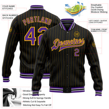 Загрузить изображение в средство просмотра галереи, Custom Black Gold Pinstripe Purple-White Bomber Full-Snap Varsity Letterman Jacket
