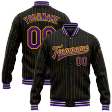 Load image into Gallery viewer, Custom Black Gold Pinstripe Purple-White Bomber Full-Snap Varsity Letterman Jacket
