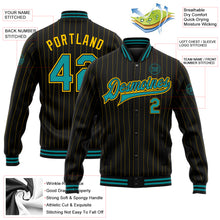 Загрузить изображение в средство просмотра галереи, Custom Black Yellow Pinstripe Teal Bomber Full-Snap Varsity Letterman Jacket
