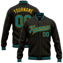 Загрузить изображение в средство просмотра галереи, Custom Black Yellow Pinstripe Teal Bomber Full-Snap Varsity Letterman Jacket
