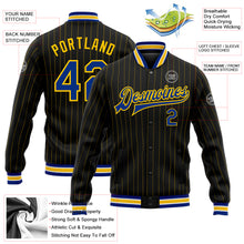 Laden Sie das Bild in den Galerie-Viewer, Custom Black Yellow Pinstripe Royal-White Bomber Full-Snap Varsity Letterman Jacket
