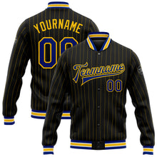 Laden Sie das Bild in den Galerie-Viewer, Custom Black Yellow Pinstripe Royal-White Bomber Full-Snap Varsity Letterman Jacket
