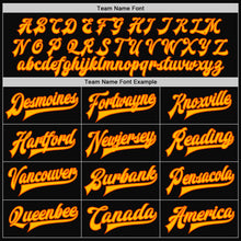 Load image into Gallery viewer, Custom Black Orange Pinstripe Gold Bomber Full-Snap Varsity Letterman Jacket
