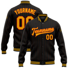 Загрузить изображение в средство просмотра галереи, Custom Black Orange Pinstripe Gold Bomber Full-Snap Varsity Letterman Jacket
