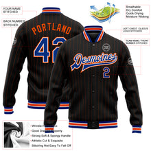 Charger l&#39;image dans la galerie, Custom Black Orange Pinstripe Royal-White Bomber Full-Snap Varsity Letterman Jacket
