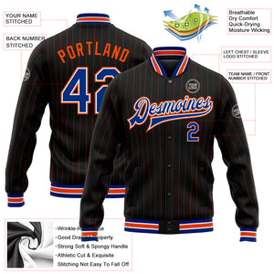 Custom Black Orange Pinstripe Royal-White Bomber Full-Snap Varsity Letterman Jacket