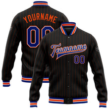 Charger l&#39;image dans la galerie, Custom Black Orange Pinstripe Royal-White Bomber Full-Snap Varsity Letterman Jacket
