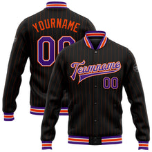 Загрузить изображение в средство просмотра галереи, Custom Black Orange Pinstripe Purple-White Bomber Full-Snap Varsity Letterman Jacket
