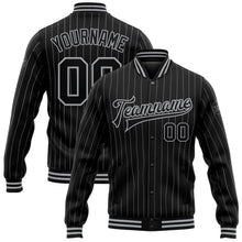 Laden Sie das Bild in den Galerie-Viewer, Custom Black Gray Pinstripe Gray Bomber Full-Snap Varsity Letterman Jacket
