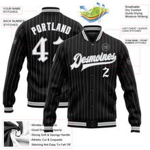 Laden Sie das Bild in den Galerie-Viewer, Custom Black Gray Pinstripe White Bomber Full-Snap Varsity Letterman Jacket
