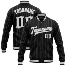 Laden Sie das Bild in den Galerie-Viewer, Custom Black Gray Pinstripe White Bomber Full-Snap Varsity Letterman Jacket
