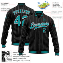 Charger l&#39;image dans la galerie, Custom Black Gray Pinstripe Teal Bomber Full-Snap Varsity Letterman Jacket
