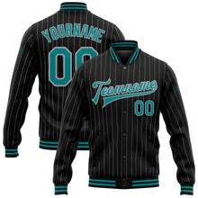 Load image into Gallery viewer, Custom Black Gray Pinstripe Teal Bomber Full-Snap Varsity Letterman Jacket
