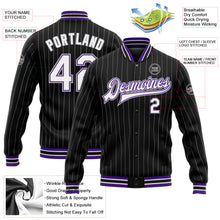 Charger l&#39;image dans la galerie, Custom Black Gray Pinstripe White-Purple Bomber Full-Snap Varsity Letterman Jacket
