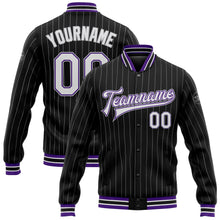 Charger l&#39;image dans la galerie, Custom Black Gray Pinstripe White-Purple Bomber Full-Snap Varsity Letterman Jacket
