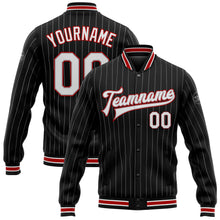 Загрузить изображение в средство просмотра галереи, Custom Black Gray Pinstripe White-Red Bomber Full-Snap Varsity Letterman Jacket
