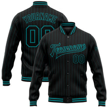 Load image into Gallery viewer, Custom Black Teal Pinstripe Teal Bomber Full-Snap Varsity Letterman Jacket
