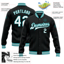 Charger l&#39;image dans la galerie, Custom Black Teal Pinstripe White Bomber Full-Snap Varsity Letterman Jacket
