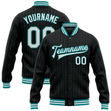 Charger l&#39;image dans la galerie, Custom Black Teal Pinstripe White Bomber Full-Snap Varsity Letterman Jacket
