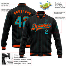 Charger l&#39;image dans la galerie, Custom Black Teal Pinstripe Orange Bomber Full-Snap Varsity Letterman Jacket
