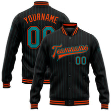 Charger l&#39;image dans la galerie, Custom Black Teal Pinstripe Orange Bomber Full-Snap Varsity Letterman Jacket
