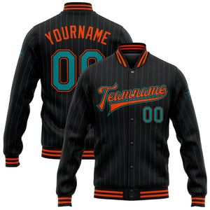 Custom Black Teal Pinstripe Orange Bomber Full-Snap Varsity Letterman Jacket