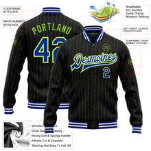 Charger l&#39;image dans la galerie, Custom Black Neon Green Pinstripe Royal-White Bomber Full-Snap Varsity Letterman Jacket
