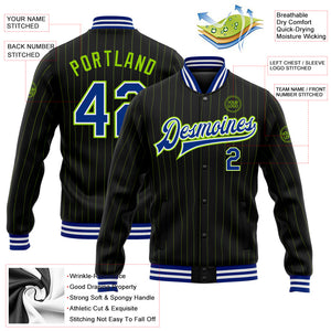 Custom Black Neon Green Pinstripe Royal-White Bomber Full-Snap Varsity Letterman Jacket