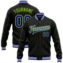 Charger l&#39;image dans la galerie, Custom Black Neon Green Pinstripe Royal-White Bomber Full-Snap Varsity Letterman Jacket
