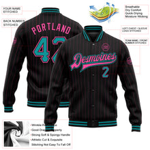 Charger l&#39;image dans la galerie, Custom Black Pink Pinstripe Teal Bomber Full-Snap Varsity Letterman Jacket
