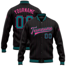 Charger l&#39;image dans la galerie, Custom Black Pink Pinstripe Teal Bomber Full-Snap Varsity Letterman Jacket
