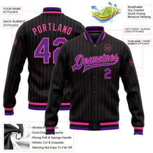 Laden Sie das Bild in den Galerie-Viewer, Custom Black Pink Pinstripe Purple Bomber Full-Snap Varsity Letterman Jacket
