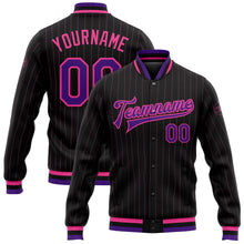 Laden Sie das Bild in den Galerie-Viewer, Custom Black Pink Pinstripe Purple Bomber Full-Snap Varsity Letterman Jacket
