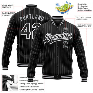 Custom Black White Pinstripe Black-Gray Bomber Full-Snap Varsity Letterman Jacket