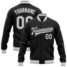 Загрузить изображение в средство просмотра галереи, Custom Black White Pinstripe Gray Bomber Full-Snap Varsity Letterman Jacket
