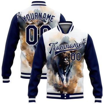 Custom White Navy A Bull With Horns 3D Pattern Design Bomber Full-Snap Varsity Letterman Jacket